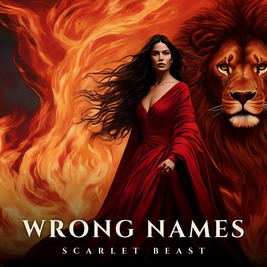 Wrong Names album cover: a woman in a scarlet robe beside a lion, in flame